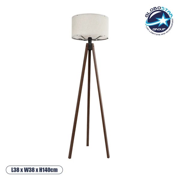 GloboStar® SAGA 204-0035 Μοντέρνο Eπιδαπέδιο Φωτιστικό Μονόφωτο 1 x E27 IP20 Καφέ Ξύλο με Λευκό Ύφασμα - Μ38 x Π38 x Υ140cm