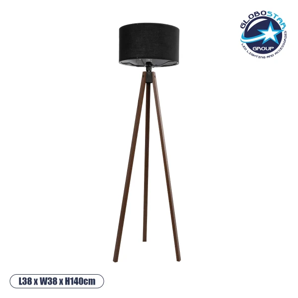 GloboStar® SAGA 204-0038 Μοντέρνο Eπιδαπέδιο Φωτιστικό Μονόφωτο 1 x E27 IP20 Καφέ Ξύλο με Μαύρο Ύφασμα - Μ38 x Π38 x Υ140cm