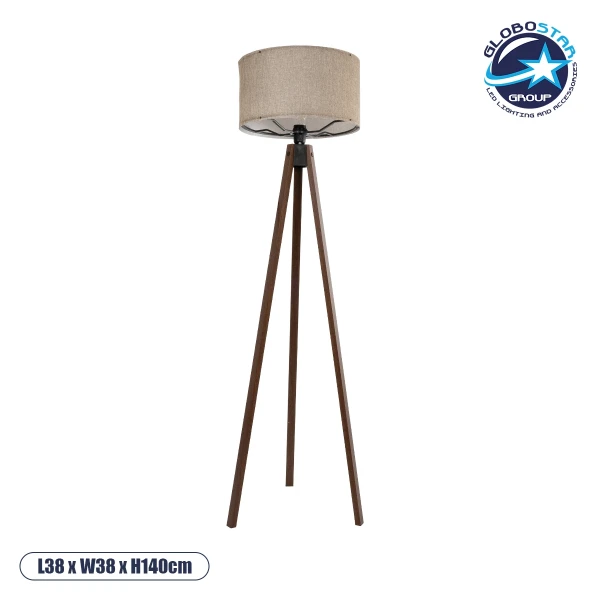 GloboStar® SAGA 204-0039 Μοντέρνο Eπιδαπέδιο Φωτιστικό Μονόφωτο 1 x E27 IP20 Καφέ Ξύλο με Μπεζ Ύφασμα - Μ38 x Π38 x Υ140cm
