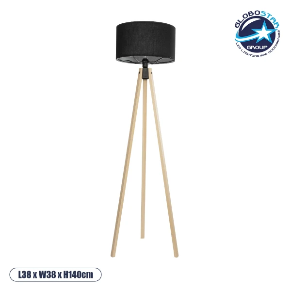 GloboStar® SAGA 204-0041 Μοντέρνο Eπιδαπέδιο Φωτιστικό Μονόφωτο 1 x E27 IP20 Μπεζ Ξύλο με Μαύρο Ύφασμα - Μ38 x Π38 x Υ140cm