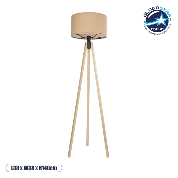 GloboStar® SAGA 204-0043 Μοντέρνο Eπιδαπέδιο Φωτιστικό Μονόφωτο 1 x E27 IP20 Μπεζ Ξύλο με Μπεζ Ύφασμα - Μ38 x Π38 x Υ140cm