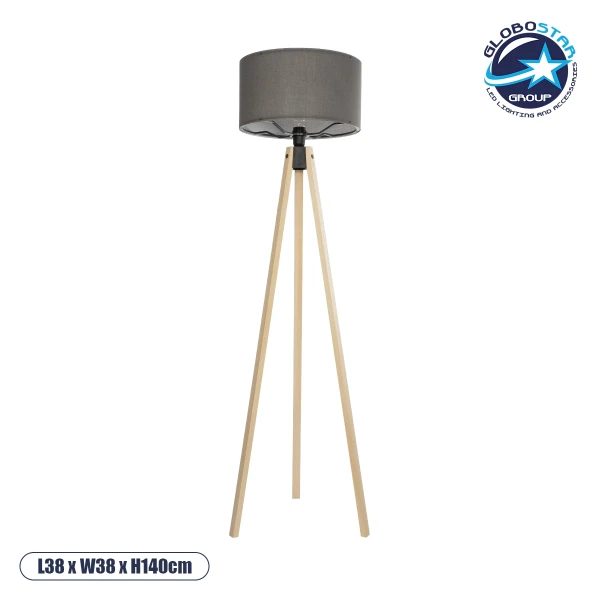 GloboStar® SAGA 204-0044 Μοντέρνο Eπιδαπέδιο Φωτιστικό Μονόφωτο 1 x E27 IP20 Μπεζ Ξύλο με Γκρι Ύφασμα - Μ38 x Π38 x Υ140cm