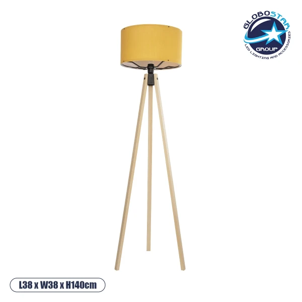 GloboStar® SAGA 204-0045 Μοντέρνο Eπιδαπέδιο Φωτιστικό Μονόφωτο 1 x E27 IP20 Μπεζ Ξύλο με Κίτρινο Ύφασμα - Μ38 x Π38 x Υ140cm