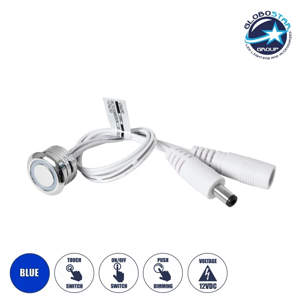 GLOBOSTAR® BUTTON 70793 Φωτιζόμενος Χωνευτός Διακόπτης Αφής On/Off & Push Dimming LED DC 12-24V 1 x 4A 96W Max IP20 Μπλε - Μ2 x Π2 x Υ1.2cm - 2 Χρόνια Εγγύηση