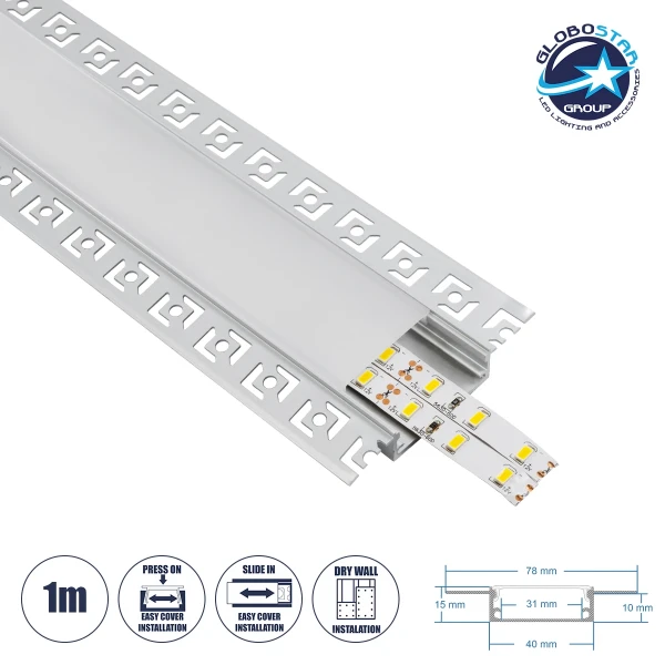GLOBOSTAR® ALP-PLASTERIN GYPSO 70861-1M Χωνευτό Προφίλ Αλουμινίου Ειδικό για Γυψοσανίδα με Λευκό Γαλακτερό Πατητό Κάλυμμα για Ταινίες LED IP20 - Ασημί - Μ100 x Π7.8 x Υ1.4cm
