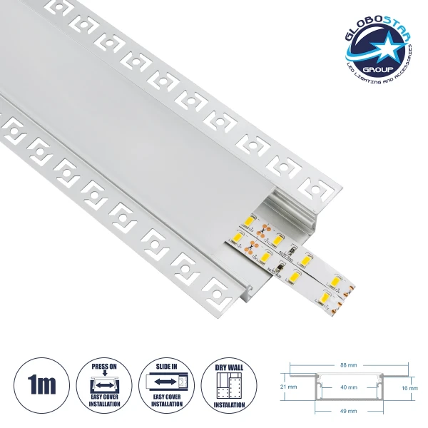 GLOBOSTAR® ALP-PLASTERIN GYPSO 70862-1M Χωνευτό Προφίλ Αλουμινίου Ειδικό για Γυψοσανίδα με Λευκό Γαλακτερό Πατητό Κάλυμμα για Ταινίες LED IP20 - Ασημί - Μ100 x Π8.8 x Υ2cm