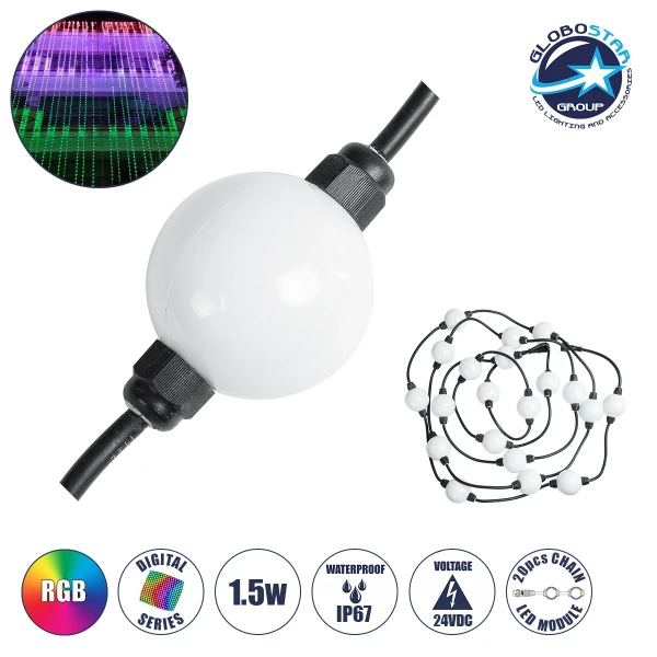 GloboStar® 73722 Digital Pixel Addressable Facade Module Chain String with 20 Spots - Ψηφιακή Αλυσίδα - Γιρλάντα με 20 Σποτ LED SMD 3535 30W 60LED 20PIXEL SPI/TTL Protocol IC WS2811/SM16703P 1300lm 360° DC 24V Αδιάβροχο IP67 Πολύχρωμο RGB - Φ5 x Μ460cm - 