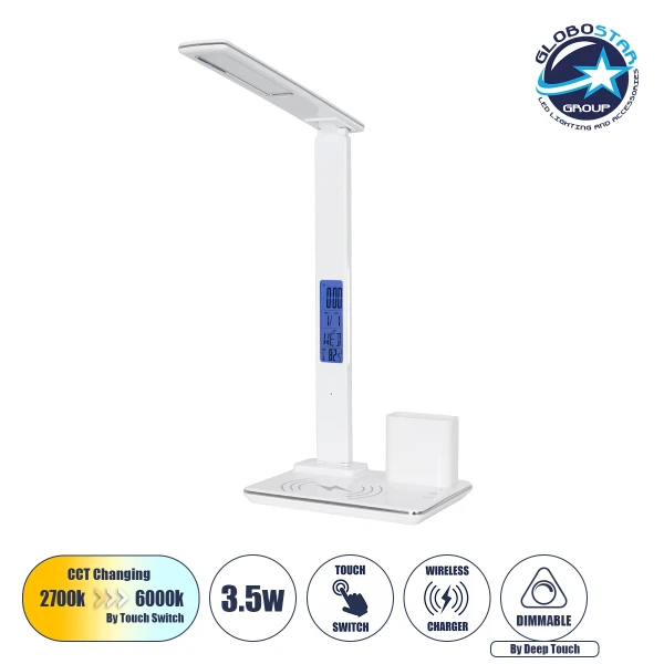 GLOBOSTAR® ZENTIME 76554 Μοντέρνο Επιτραπέζιο Φωτιστικό Γραφείου με Ασύρματη Φόρτιση 15W 3A & Ψηφιακό Ρολόι LED 3.5W 350lm 120° DC 5V με USB-C IP20 Ρυθμιζόμενο Λευκό CCT με Αφή 2700K/4500K/6000K Dimmable - Sanan SMD Chip - Λευκό- Μ19.5 x Π25 x Υ50cm - 2 Χ