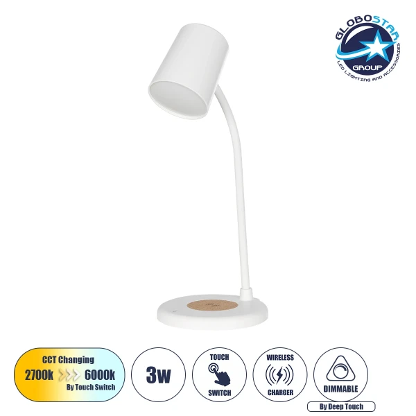 GLOBOSTAR® LUCORA 76555 Μοντέρνο Επιτραπέζιο Φωτιστικό Γραφείου με Ασύρματη Φόρτιση 10W 2A & 4W Bluetooth Ηχείο LED 3W 300lm 120° DC 5V με USB-C IP20 Ρυθμιζόμενο Λευκό CCT με Αφή 2700K/4500K/6000K Dimmable - Sanan SMD Chip - Λευκό - Μ12 x Π12 x Υ32cm - 2 