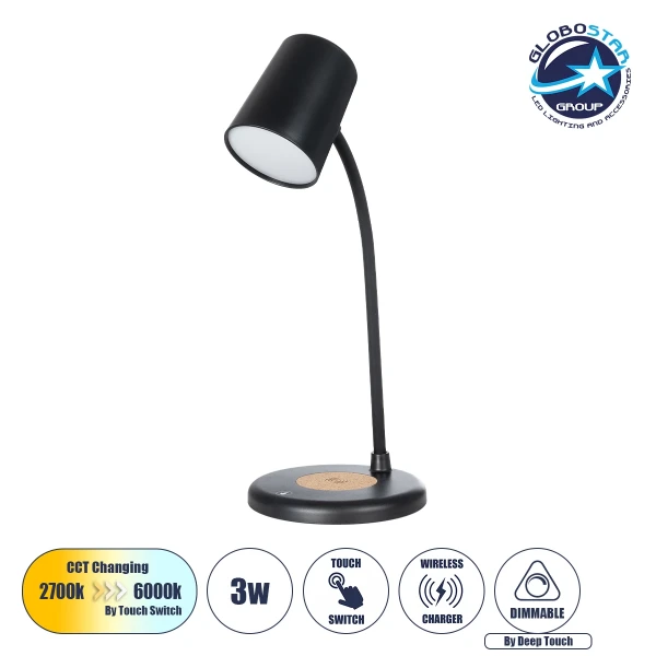 GLOBOSTAR® LUCORA 76556 Μοντέρνο Επιτραπέζιο Φωτιστικό Γραφείου με Ασύρματη Φόρτιση 10W 2A & 4W Bluetooth Ηχείο LED 3W 300lm 120° DC 5V με USB-C IP20 Ρυθμιζόμενο Λευκό CCT με Αφή 2700K/4500K/6000K Dimmable - Sanan SMD Chip - Μαύρο - Μ12 x Π12 x Υ32cm - 2 