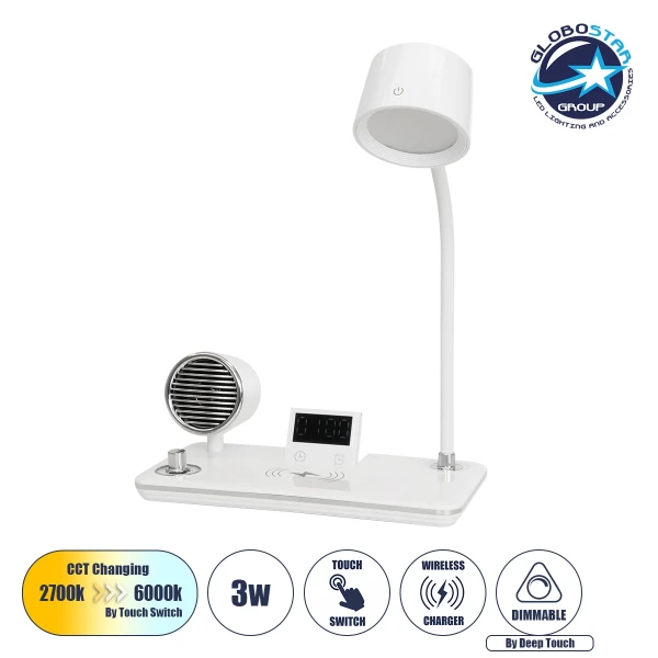 GLOBOSTAR® OLDY 76557 Μοντέρνο Επιτραπέζιο Φωτιστικό Γραφείου με Ασύρματη Φόρτιση 15W 3A, 5W Bluetooth Ηχείο & Ψηφιακό Ρολόι LED 3W 300lm 120° DC 5V με USB-C IP20 Ρυθμιζόμενο Λευκό CCT με Αφή 2700K/4500K/6000K Dimmable - Sanan SMD Chip - Λευκό - Μ13 x Π25