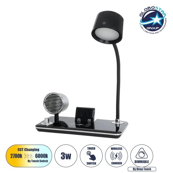 GLOBOSTAR® OLDY 76563 Μοντέρνο Επιτραπέζιο Φωτιστικό Γραφείου με Ασύρματη Φόρτιση 15W 3A, 5W Bluetooth Ηχείο & Ψηφιακό Ρολόι LED 3W 300lm 120° DC 5V με USB-C IP20 Ρυθμιζόμενο Λευκό CCT με Αφή 2700K/4500K/6000K Dimmable - Sanan SMD Chip - Μαύρο - Μ13 x Π25