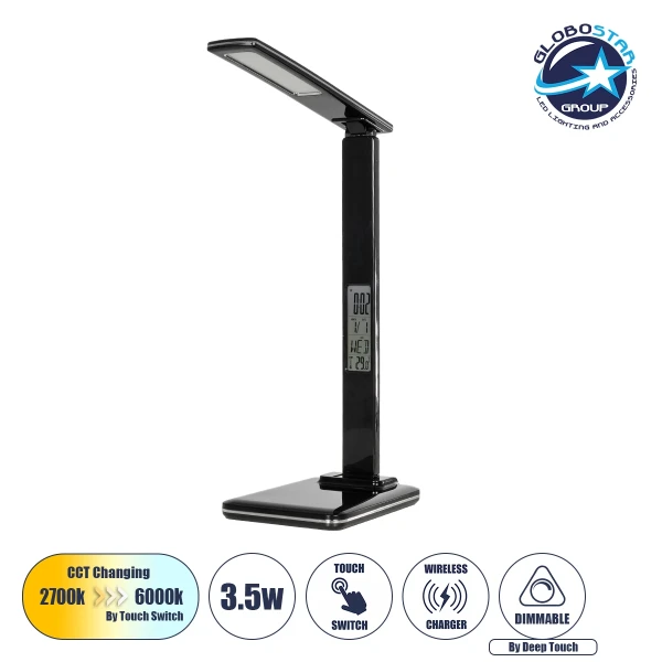 GLOBOSTAR® ZENTIME 76564 Μοντέρνο Επιτραπέζιο Φωτιστικό Γραφείου με Ασύρματη Φόρτιση 10W 2A & Ψηφιακό Ρολόι LED 3.5W 350lm 120° DC 5V με USB-C IP20 Ρυθμιζόμενο Λευκό CCT με Αφή 2700K/4500K/6000K Dimmable - Sanan SMD Chip - Μαύρο - Μ18 x Π12 x Υ40cm - 2 Χρ