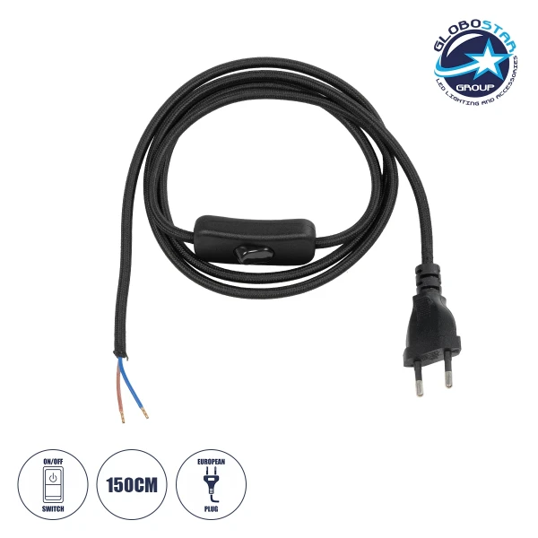 GLOBOSTAR® WHIP 77669 Μοντέρνο DIY Φωτιστικό με Υφασμάτινο Καλώδιο, Ντουί 1 x E27 & Διακόπτη On/Off AC 220-240V IP20 - Μαύρο - Μ140 x Π4.5 x Υ4.5cm