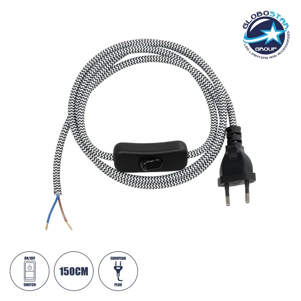 GLOBOSTAR® WHIP 77670 Μοντέρνο DIY Φωτιστικό με Υφασμάτινο Καλώδιο, με Διακόπτη On/Off AC 220-240V IP20 - Ασημί & Μαύρο - Μ140 x Π2.7 x Υ1.9cm