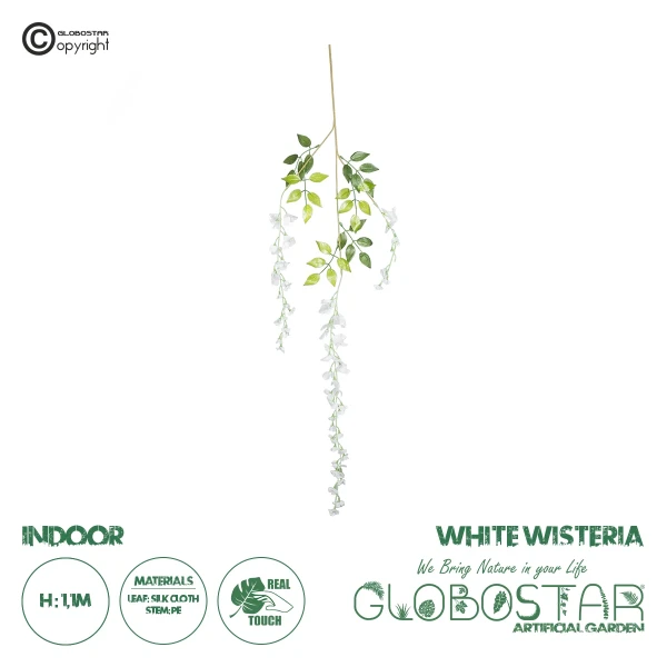 GloboStar® 78006 Τεχνητό Κρεμαστό Διακοσμητικό Φυτό με 3 X Κλαδιά Βιστέρια Λευκή - Μ10 x Π10 x Υ110cm