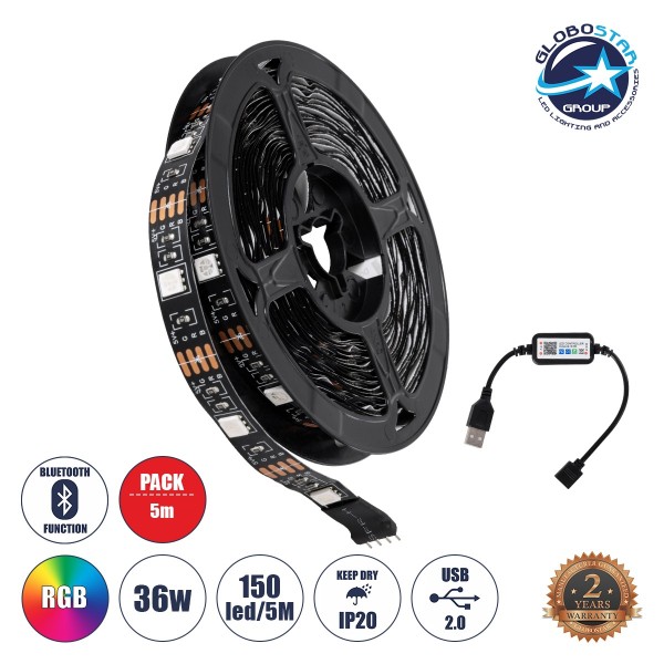 GLOBOSTAR® 90759 Σετ RGB Ταινίας με Λειτουργία μέσω WiFi APP LED 36W/5m 2880lm/m 120° DC 5V με USB 2.0 IP20 150 x SMD 5050 Chip/5m  Πολύχρωμο RGB Dimmable - Μ500 x Π1 x Υ0.2cm - Ρολό 5 Μέτρων - 5 Χρόνια Εγγύηση