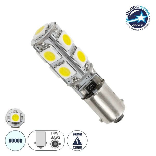 GLOBOSTAR® BA9S-T4W 81289 Λάμπα Ba9S T4W LED 2.66W 266lm 270° DC 12V IP20 Ψυχρό Λευκό 6000K - 9 x Epistar SMD5050 Chip - Μ1 x Π1 x Υ4.4cm - 1 Χρόνο Εγγύηση