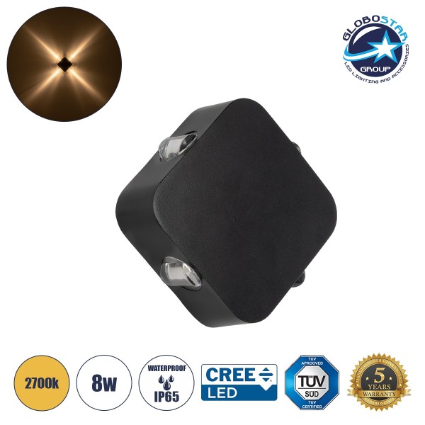 GLOBOSTAR® LUZ 60688 Μοντέρνο Φωτιστικό Τοίχου - Απλίκα LED 8W 1000lm 10° AC 220-240V Αδιάβροχο IP65 Θερμό Λευκό 2700K - CREE XPE Chip & TÜV SÜD Driver - Μαύρο Ματ - Μ13.5 x Π4.5 x Υ13.5cm - 5 Χρόνια Εγγύηση