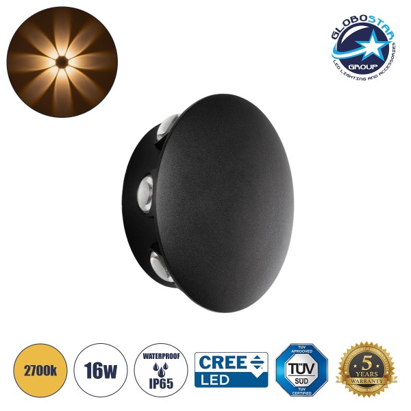 GLOBOSTAR® SOL 60796 Μοντέρνο Φωτιστικό Τοίχου - Απλίκα LED 16W 2000lm 30° AC 220-240V Αδιάβροχο IP65 Θερμό Λευκό 2700K - CREE XPE Chip & TÜV SÜD Driver - Μαύρο Ματ - Μ16 x Π5.5 x Υ16cm - 5 Χρόνια Εγγύηση