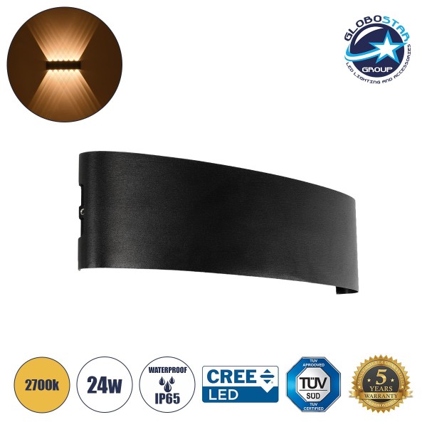 GLOBOSTAR® SIXOAD 60678 Μοντέρνο Φωτιστικό Τοίχου - Απλίκα LED 24W 3000lm 30° AC 220-240V Αδιάβροχο IP65 Θερμό Λευκό 2700K - CREE XPE Chip & TÜV SÜD Driver - Μαύρο Ματ - Μ32 x Π5.5 x Υ8cm - 5 Χρόνια Εγγύηση