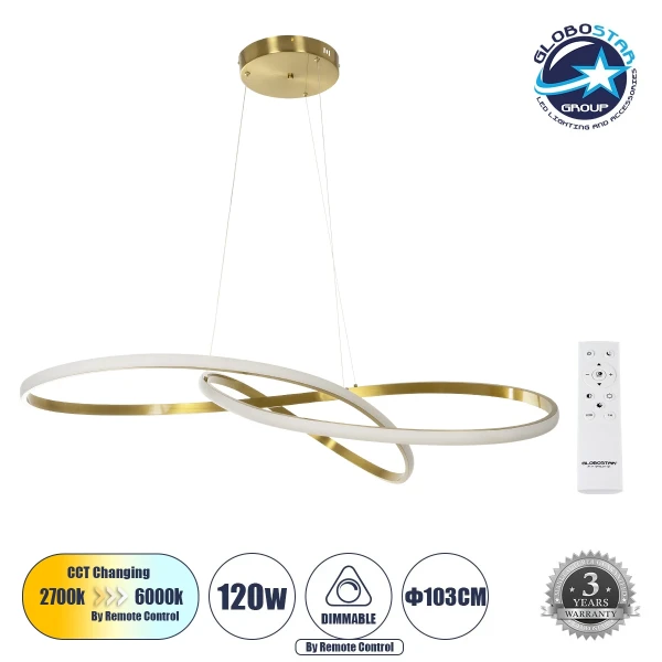 GLOBOSTAR® DEXTER 60920 Μοντέρνο Κρεμαστό Φωτιστικό Οροφής LED 120W 13440lm 300° AC 220-240V IP20 Ρυθμιζόμενο Λευκό CCT με Χειριστήριο από 2700K έως 6000K Dimmable - Lumileds SMD Chip - Χρυσό Βούρτσας - Μ103 x Π103 x Υ30cm - 3 Χρόνια Εγγύηση
