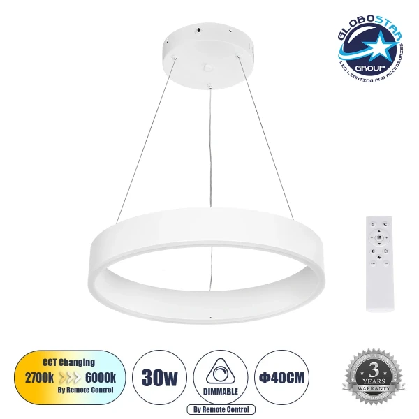 GLOBOSTAR® VENOM 61174 Μοντέρνο Κρεμαστό Φωτιστικό Οροφής LED 30W 3513lm 120° AC 220-240V IP20 Ρυθμιζόμενο Λευκό CCT με Χειριστήριο από 2700K έως 6000K Dimmable - Lumileds SMD Chip - Λευκό Ματ - Μ40 x Π40 x Υ6.5cm - 3 Χρόνια Εγγύηση