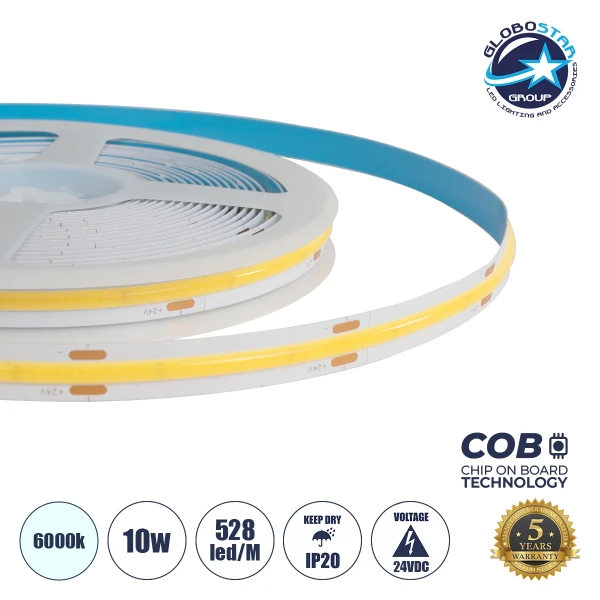 GLOBOSTAR® BEE 70350 Ταινία LED 10W/m 1100lm/m 120° DC 24V IP20 528 x COB Chip/m Ψυχρό Λευκό 6000K Dimmable - Μ500 x Π1 x Υ0.2cm - Ρολό 5 Μέτρων - 5 Χρόνια Εγγύηση