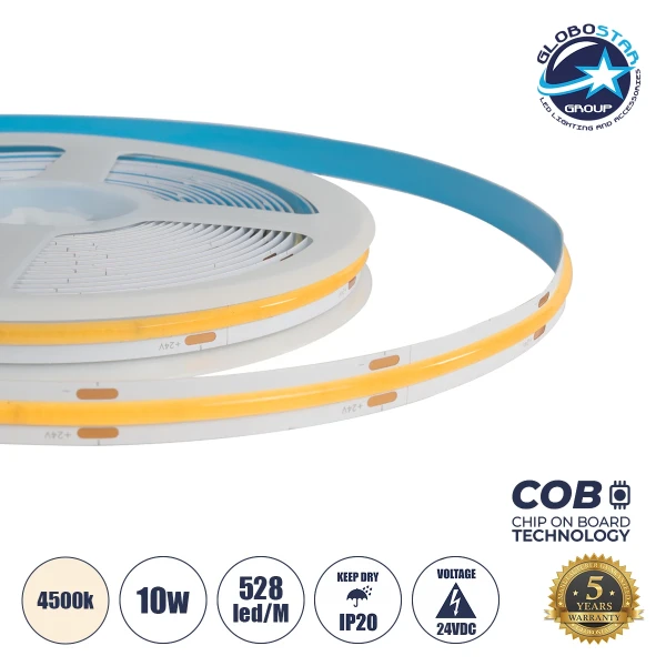 GLOBOSTAR® BEE 70351 Ταινία LED 10W/m 1000lm/m 120° DC 24V IP20 528 x COB Chip/m Φυσικό Λευκό 4500K Dimmable - Μ500 x Π1 x Υ0.2cm - Ρολό 5 Μέτρων - 5 Χρόνια Εγγύηση