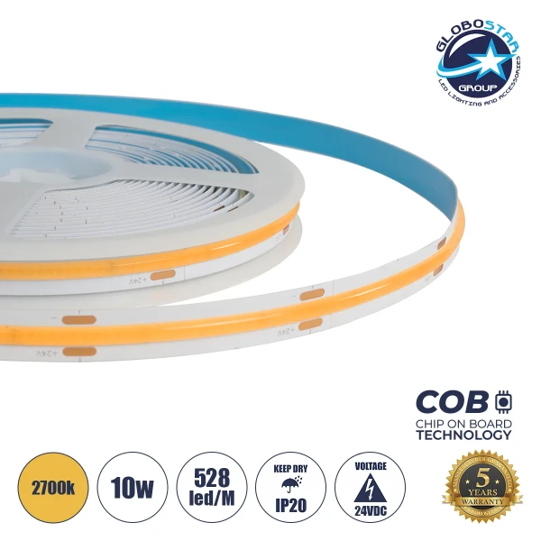 GLOBOSTAR® BEE 70352 Ταινία LED 10W/m 900lm/m 120° DC 24V IP20 528 x COB Chip/m Θερμό Λευκό 2700K Dimmable - Μ500 x Π1 x Υ0.2cm - Ρολό 5 Μέτρων - 5 Χρόνια Εγγύηση