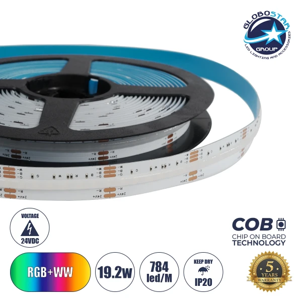 GLOBOSTAR® BEE 70354 Ταινία LED 19.2W/m 2112lm/m 120° DC 24V IP20 784 x COB Chip/m Πολύχρωμο RGB+WW Dimmable - Μ500 x Π1.2 x Υ0.2cm - Ρολό 5 Μέτρων - 5 Χρόνια Εγγύηση