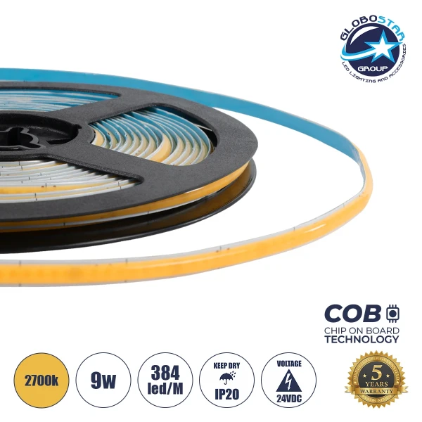 GLOBOSTAR® BEE 70357 Ταινία LED 9W/m 810lm/m 120° DC 24V IP20 384 x COB Chip/m Θερμό Λευκό 2700K Dimmable - Μ500 x Π0.5 x Υ0.2cm - Ρολό 5 Μέτρων - 5 Χρόνια Εγγύηση