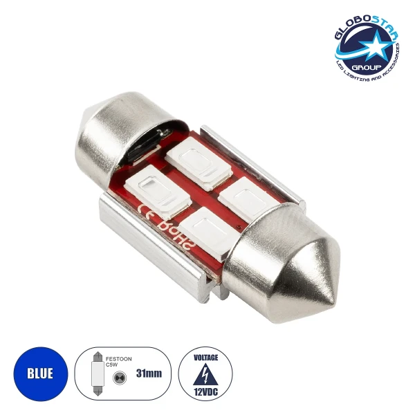 GLOBOSTAR® C5W 81311 Σωληνωτή Λάμπα FESTOONLED C5W 31mm CANbus LED 2.5W 200lm 180° DC 12V IP20 Μπλε - 4 x Epistar SMD5630 - Μ1.2 x Π1.2 x Υ3.1cm - 1 Χρόνο Εγγύηση