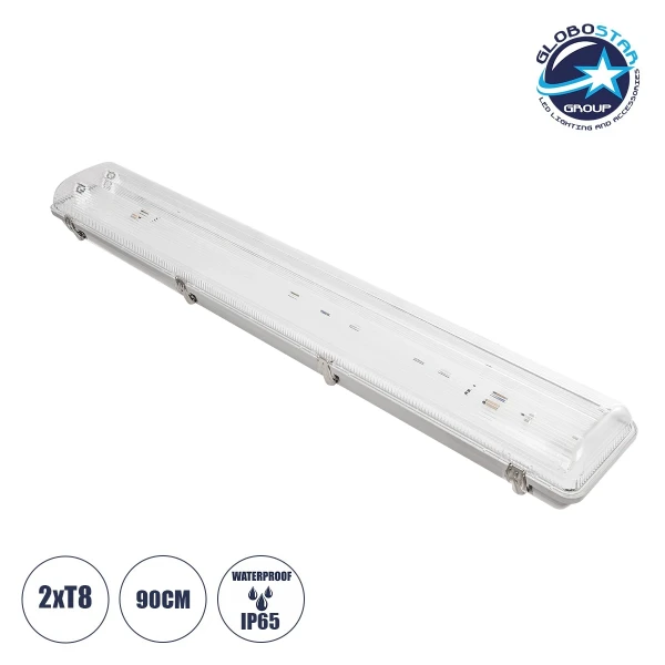 GLOBOSTAR® VIGAS 90613 Γραμμικό Βιομηχανικό Φωτιστικό Σκαφάκι Tri-Proof με Μεταλλικά Clips για 2 x Λάμπες T8 G13 90cm Τύπου Φθορίου LED Τροφοδοσίας Ενός Άκρου 120° AC 220-240V Αδιάβροχο IP65 - Γκρι με Διάφανο Κάλυμμα Πλαστικό PC - Μ126 x Π11.5 x Υ9cm