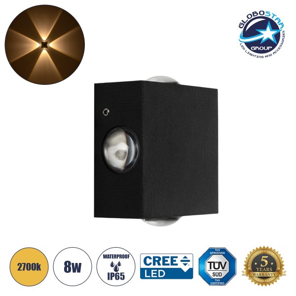 GLOBOSTAR® HIKARI 60686 Μοντέρνο Φωτιστικό Τοίχου - Απλίκα LED 8W 1000lm 30° AC 220-240V Αδιάβροχο IP65 Θερμό Λευκό 2700K - CREE XPE Chip & TÜV SÜD Driver - Μαύρο Ματ - Μ9 x Π4 x Υ9cm - 5 Χρόνια Εγγύηση