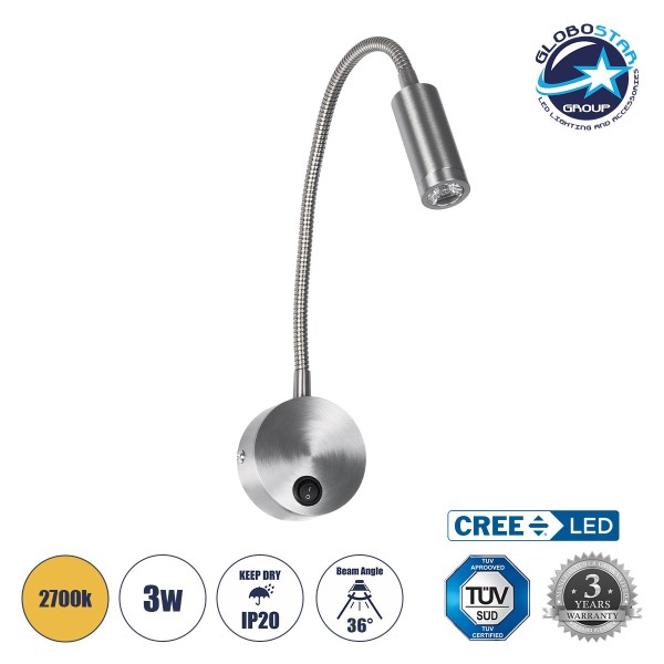 GloboStar® GOOSE 61691 Φωτιστικό Τοίχου - Απλίκα LED 3W 300lm 36° AC 220-240V IP20 - Reading Light - Θερμό Λευκό 2700K Ασημί Αλουμίνιο - Μ6.5 x Π22.5 x Υ23cm - 5 Xρόνια Εγγύηση