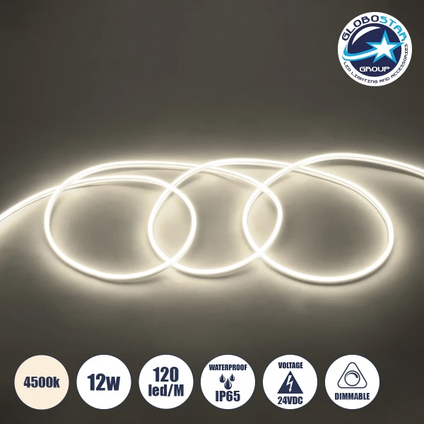 GLOBOSTAR® NEOVALE 70561 Ταινία Neon Flex LED 12W/m 960lm/m 120° DC 24V Αδιάβροχο IP65 120 x SMD2835 Chip/m Φυσικό Λευκό 4500K Dimmable - Μ100 x Π0.8 x Υ1.6cm - 3 Χρόνια Εγγύηση