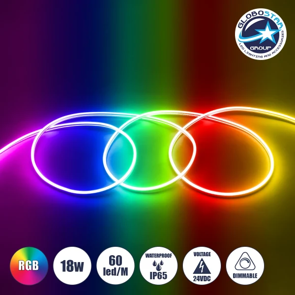 GLOBOSTAR® NEOVALE 70568 Ταινία Neon Flex LED 18W/m 900lm/m 120° DC 24V Αδιάβροχο IP65 60 x SMD5050 Chip/m Πολύχρωμο RGB Dimmable - Μ100 x Π0.8 x Υ1.6cm - 3 Χρόνια Εγγύηση