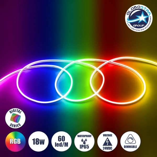 GLOBOSTAR® NEOVALE 70569 Ψηφιακή Pixel Addressable Ταινία Neon Flex LED 18W/m 900lm/m 120° DC 24V Αδιάβροχο IP65 60 x SMD5050 Chip/m 10 x Pixel/m Πολύχρωμο RGB Dimmable SPI/TTL Protocol IC WS2811 - Μ100 x Π0.8 x Υ1.6cm - 3 Χρόνια Εγγύηση