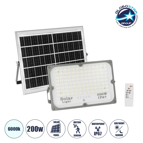 GLOBOSTAR® LUMOVOX 73068 Προβολέας LED 200W 10000lm 120° DC 5V με Φωτοβολταϊκό Panel 5V 12W & Επαναφορτιζόμενη Μπαταρία Li-ion 3.2V 10000mAh Αδιάβροχο IP65 Ψυχρό Λευκό 6000K - 180 x SMD2835 Sanan Chip - Γκρι Ανθρακί - Μ29 x Π0 x Υ19cm - 2 Χρόνια Εγγύηση