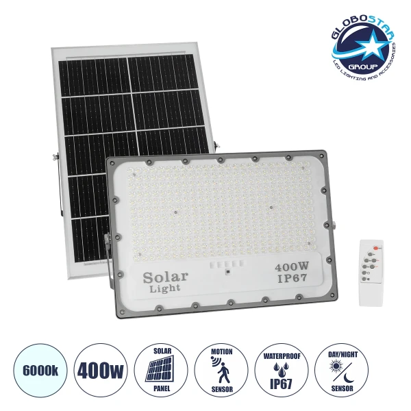 GLOBOSTAR® LUMOVOX 73070 Προβολέας LED 400W 20000lm 120° DC 5V με Φωτοβολταϊκό Panel 5V 25W & Επαναφορτιζόμενη Μπαταρία Li-ion 3.2V 20000mAh Αδιάβροχο IP65 Ψυχρό Λευκό 6000K - 400 x SMD2835 Sanan Chip - Γκρι Ανθρακί - Μ44.5 x Π0 x Υ31.2cm - 2 Χρόνια Εγγύη