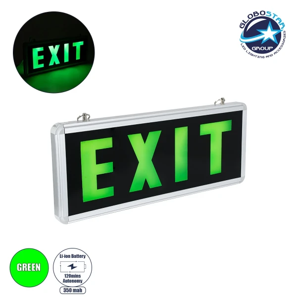 GLOBOSTAR® SENSATI 75663 Διακοσμητικό Φωτιστικό Τοίχου Ένδειξης / Σήμανσης "EXIT" LED 1W 40lm 90° AC 220-240V με Επαναφορτιζόμενη Μπαταρία Li-ion 3.7V 350mAh IP20 Πράσινο - Μαύρο & Πράσινο - Μ35 x Π14 x Υ3.3cm - 2 Χρόνια Εγγύηση