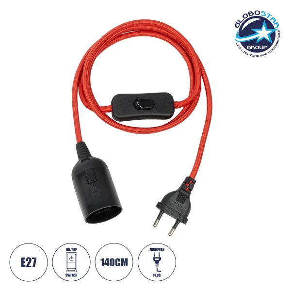 GLOBOSTAR® WHIP 77666 Μοντέρνο DIY Φωτιστικό με Υφασμάτινο Καλώδιο, Ντουί 1 x E27, Διακόπτη On/Off & Πρίζα AC 220-240V IP20 - Κόκκινο & Μαύρο - Μ140 x Π4.5 x Υ4.5cm