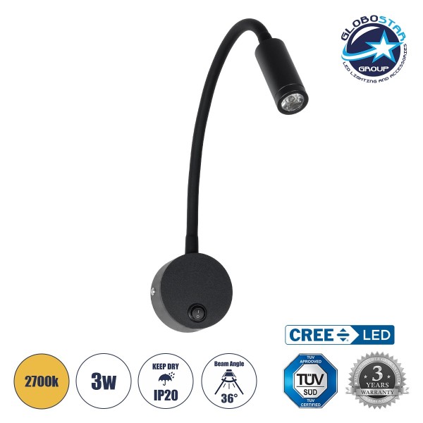 GLOBOSTAR® GOOSE 61690 Μοντέρνο Φωτιστικό Τοίχου - Απλίκα Ξενοδοχείου Reading Light LED 3W 300lm 36° AC 220-240V IP20 Θερμό Λευκό 2700K - CREE XPE Chip & TÜV SÜD Driver - Μαύρο Ματ - Μ6.5 x Π22.5 x Υ23cm - 3 Χρόνια Εγγύηση