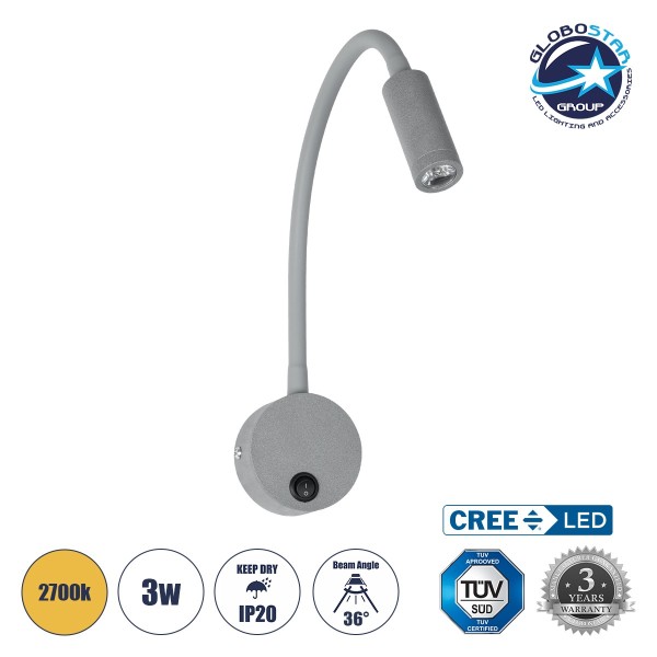 GloboStar® GOOSE 61689 Φωτιστικό Τοίχου - Απλίκα LED 3W 300lm 36° AC 220-240V IP20 - Reading Light - Θερμό Λευκό 2700K Γκρι Αλουμίνιο - Μ6.5 x Π22.5 x Υ23cm - 5 Xρόνια Εγγύηση