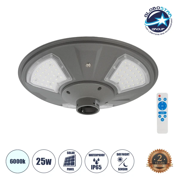 GLOBOSTAR® PARK 90500 Φωτιστικό Κεφαλής Post Top Πλατείας/Πάρκου LED 25W 2000lm 120° με Ενσωματωμένο Φωτοβολταϊκό Panel 6V 20W & Επαναφορτιζόμενη Μπαταρία Li-ion 3.2V 25000mAh με Αισθητήρα Ημέρας-Νύχτας Αδιάβροχο IP65 Ψυχρό Λευκό 6000K - Γκρι Ανθρακί - Φ5