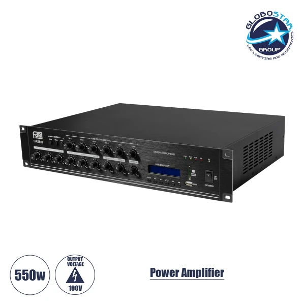 GLOBOSTAR® FDB CA5501 98034 100V Constant Voltage Επαγγελματικός Ενισχυτής Ήχου 550W AC 220V/50-60Hz με USB & FM Ράδιο - IP20 - Μαύρο - Μ44 x Π34 x Υ9.8cm - 2 Χρόνια Εγγύηση