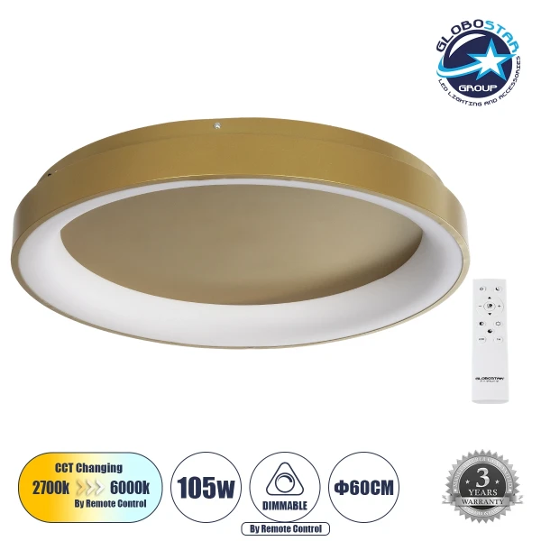 GLOBOSTAR® SALEM 61239 Μοντέρνο Φωτιστικό Οροφής LED 105W 12075lm 120° AC 220-240V IP20 Ρυθμιζόμενο Λευκό CCT με Χειριστήριο από 2700K έως 6000K Dimmable - Lumileds SMD Chip - Χρυσό - Μ60 x Π60 x Υ8.5cm - 3 Χρόνια Εγγύηση