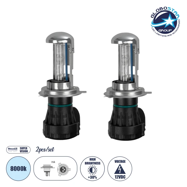 GLOBOSTAR® HID 84047 Λάμπα Xenon H4 H/L Super Vision Υψηλής Φωτεινότητας +30% 35W/70W 3500lm/7000lm 360° DC 12V Αδιάβροχο IP65 Ultra Ψυχρό Λευκό 8000K - Μ4.8 x Π4.8 x Υ10.2cm - Πακέτο 2 Τεμαχίων - 2 Χρόνια Εγγύηση