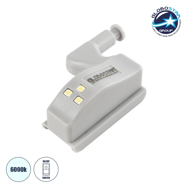 GloboStar® CLOSET 79640 Φωτιστικό Ντουλάπας LED για Μεντεσέ με Διακόπτη On/Off Κουμπωτό με Μπαταρία(Δεν συμπεριλαμβάνεται) - Ψυχρό Λευκό 6000K - Μ7 x Π4 x Υ2.5cm